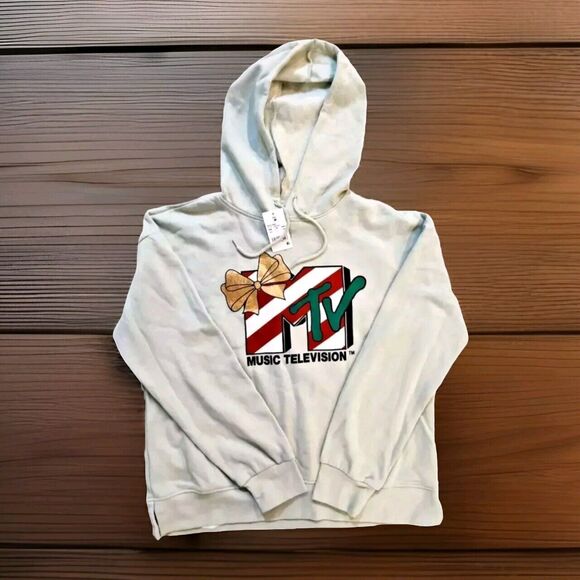NWT MTV Music Television Hooded Holiday Sweater Aqua Medium Hoodie Sweater - Picture 1 of 16